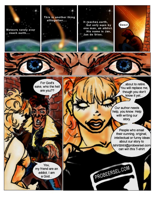 Loose comic page, based on the Retirement series, explaining the Probeersel.com 2003 T-shirt competiton